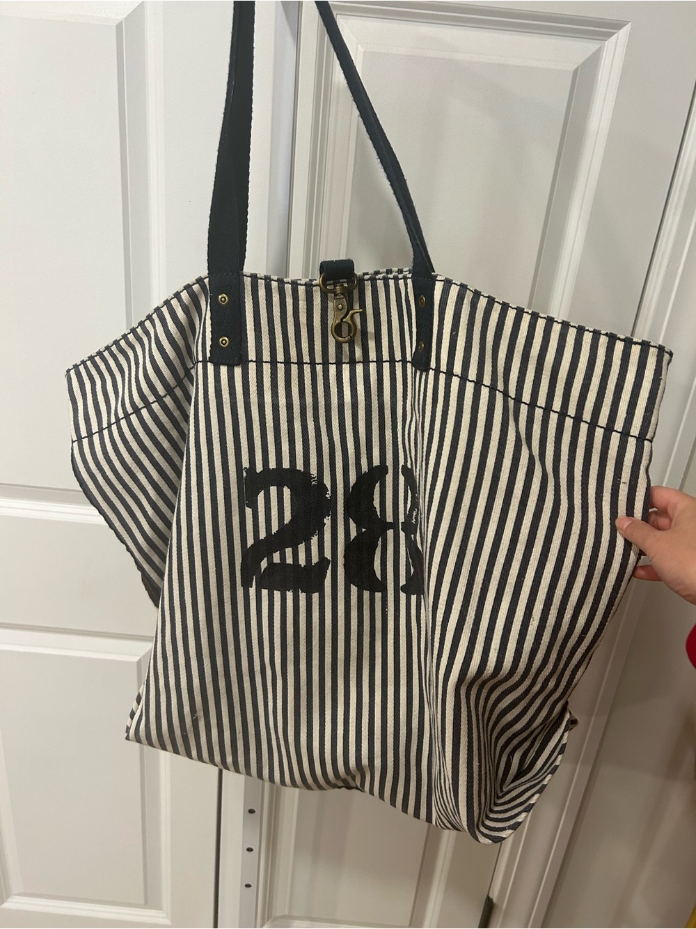 Striped Canvas Tote Bag with Black Number Print